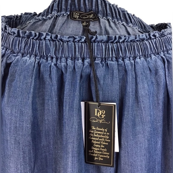 DG2 Diane Gilman Blue Cotton Off The Shoulder Embroidered Bell Sleeve TOP NWT - Picture 6 of 7